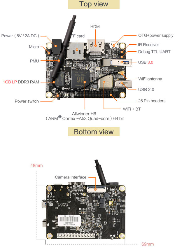 Мини-компьютер Orange Pi Lite2 H6 1GB USB3 BT4.1 Quad-core 64-bit Android 7