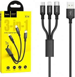 USB кабель Hoco X14 3in1 Lightning, micro USB, Type-C 1м (черный)