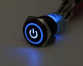 Металлический круглый кнопочный переключатель с фиксацией с подсветкой LED 12В синий