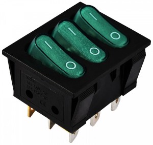 Переключатель 3-х клав. зеленый с подсветкой KCD2-3101N GR/B 220V