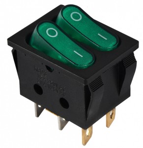 Переключатель 2-х клав. зеленый с подсветкой KCD2-5-2101N GR/B 220V